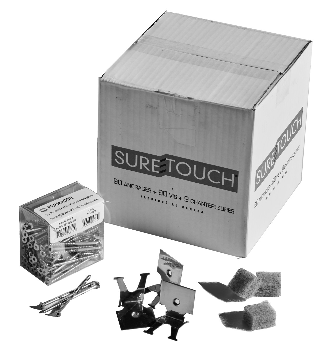 Image Ensemble pour système Suretouch / Vis #8 - 3po (90) / Attaches (90) / Chantepleures (9) 