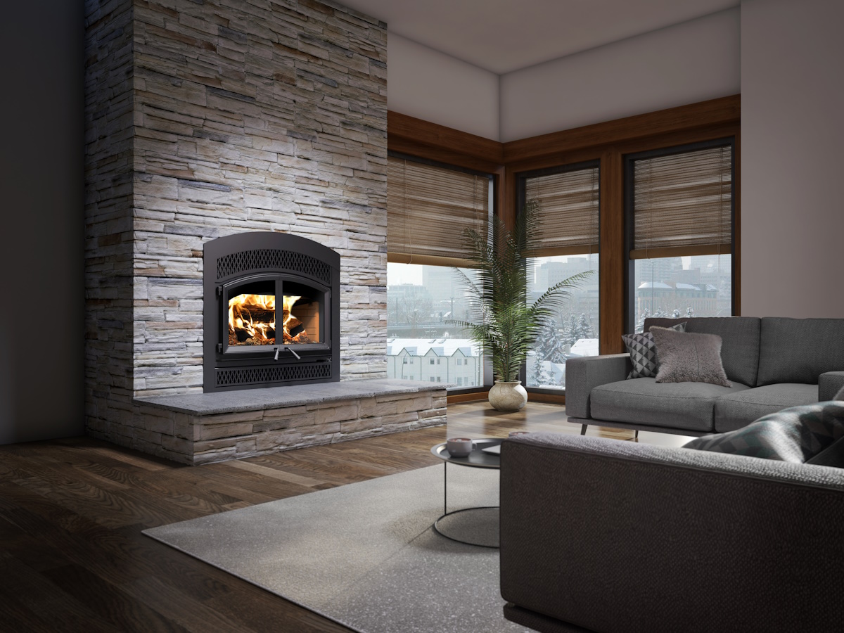 Image Valcourt Waterloo FP15 wood fireplace with double door - Arched faceplate                                                                             